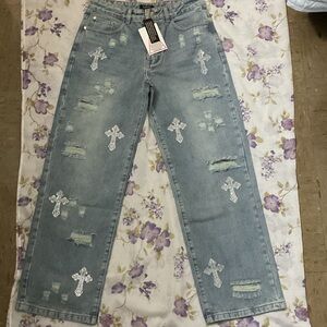 Boohoo Light Blue Distressed Jeans with Cross Accents